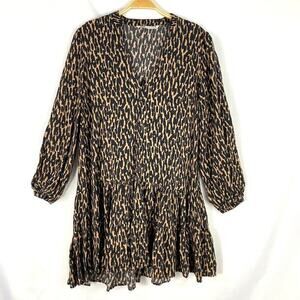 ZARA Animal Print Boho Tiered Dress Size M Brown Balloon Sleeve Peasant Mobwife‎